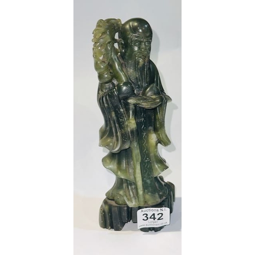 342 - Carved Green Jade Statue on Carved Plinth - Man with Carved Stick