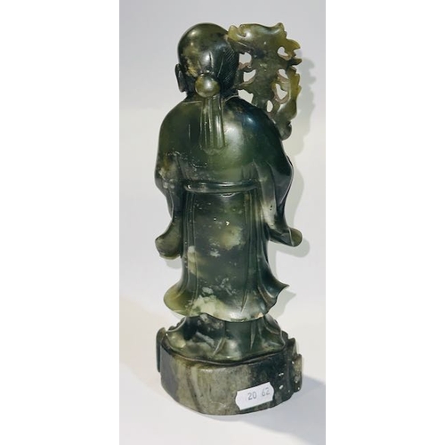 342 - Carved Green Jade Statue on Carved Plinth - Man with Carved Stick