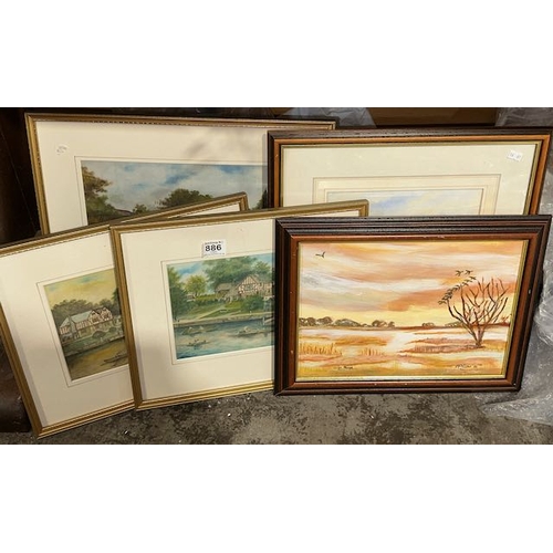 886 - Approx 5 x Assorted Framed Signed Paintings & Prints