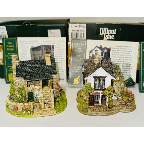 1116 - Boxed Lilliput Lane x4 - Slate Cutter's Cottage, Badger Bar, Kendal Chocolate House + Rose Cottage S... 