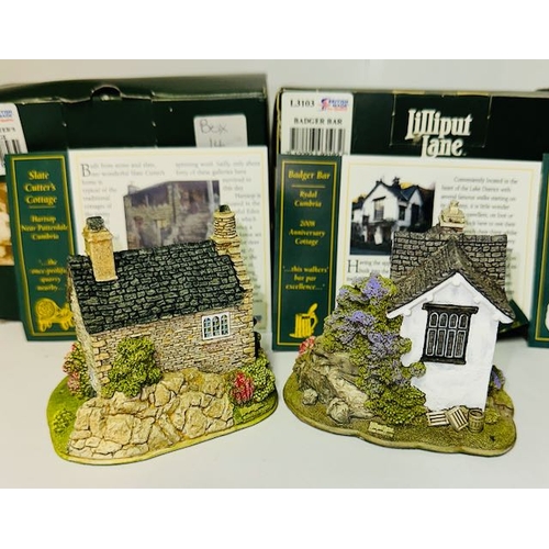 1116 - Boxed Lilliput Lane x4 - Slate Cutter's Cottage, Badger Bar, Kendal Chocolate House + Rose Cottage S... 