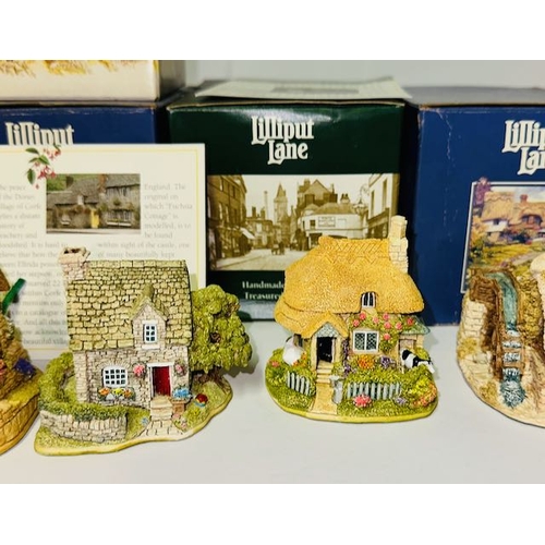 1123 - Boxed Lilliput Lane x6 - Fiddlers Folly, Watermill, Cream Of the Crop, Fuchsia Cottage, The Penny Fa... 