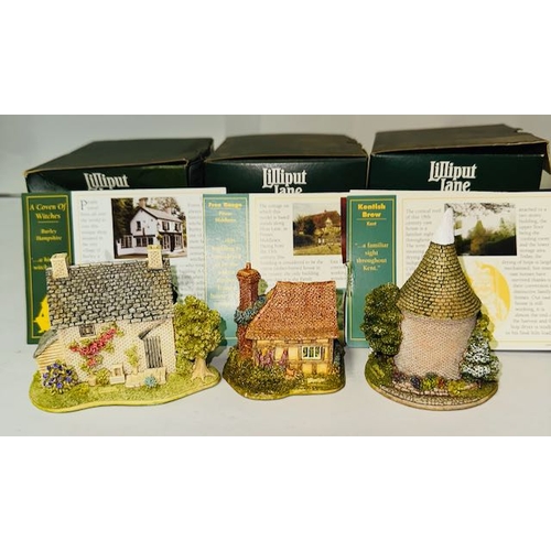 1173 - Boxed Lilliput Lane x3 - A Coven of Witches, Free Range + Kenitsh Brew