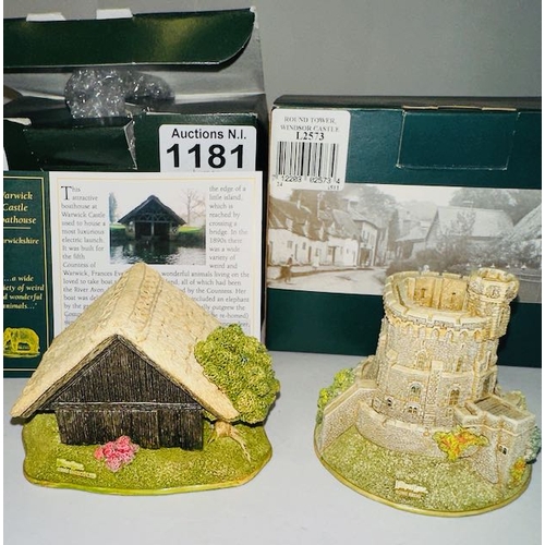 1181 - Boxed Lilliput Lane x2 - Warwick Castle Boathouse + Round Tower, Windsor Castle