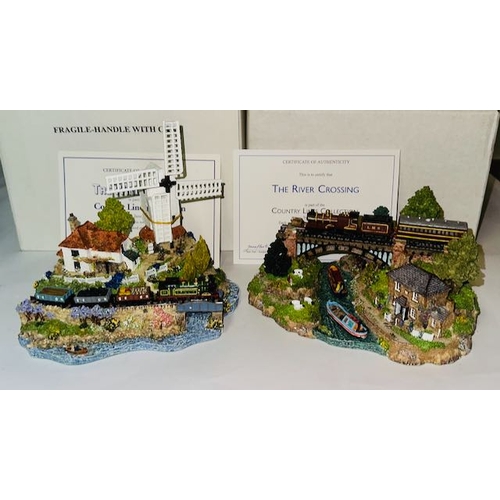 1200 - Danbury Mint Country Lines Collection by Jane Hart - The Windmill Line + The River Crossing, In Orig... 