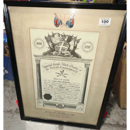 100 - Framed Royal Black Certificate - Appx 23x17