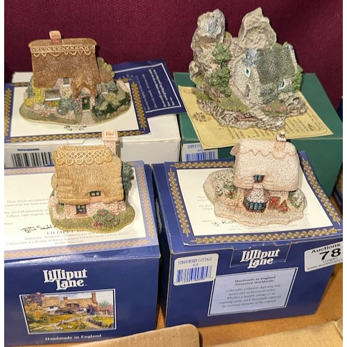 78 - 4 x Boxed Lilliput Lane Cottages With Some Deeds Incl Partridge Cottage