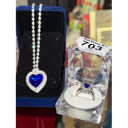 703 - Titanic 'Heart of the Ocean' Necklace + Blue Stone Ring