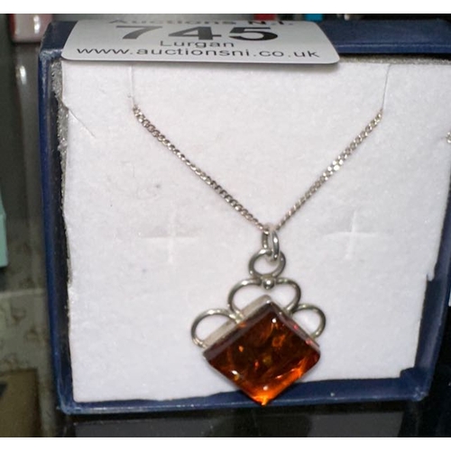 745 - Silver Necklace with Ornate Amber Pendant