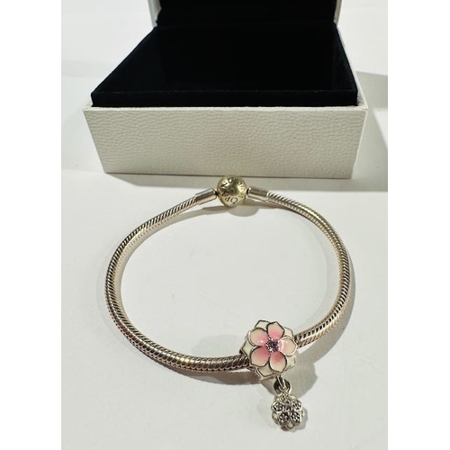 1003 - Pandora Moments Snake Chain Bracelet Approx 18cm + Enamel Pink Magnolia Bloom Dangle Charm