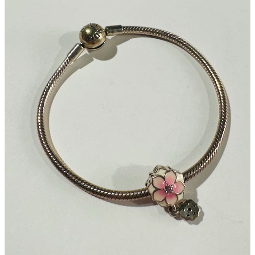 1003 - Pandora Moments Snake Chain Bracelet Approx 18cm + Enamel Pink Magnolia Bloom Dangle Charm