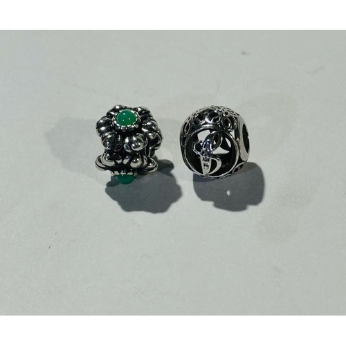 1039 - Pandora Charm x 2 - Openwork Letter B + Green Stone Floral