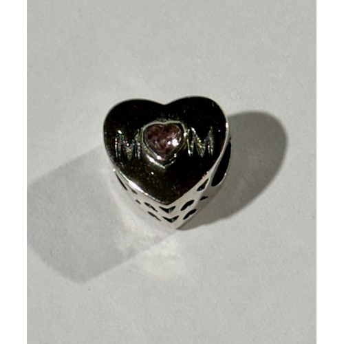 966 - Pandora Mum Heart Charm With Pink Stone