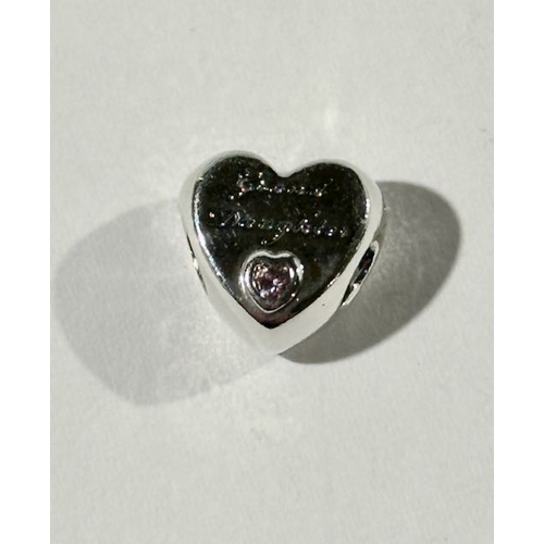 968 - Pandora Granddaughter Heart Charm With Pink Stone