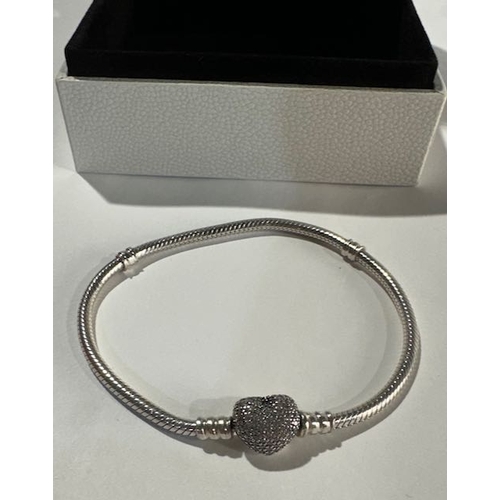 993 - Pandora Moments Sparkling Heart Pave Clasp Snake Chain Bracelet 19cm Approx