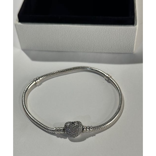 993 - Pandora Moments Sparkling Heart Pave Clasp Snake Chain Bracelet 19cm Approx