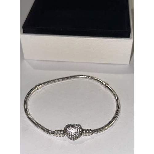 993 - Pandora Moments Sparkling Heart Pave Clasp Snake Chain Bracelet 19cm Approx