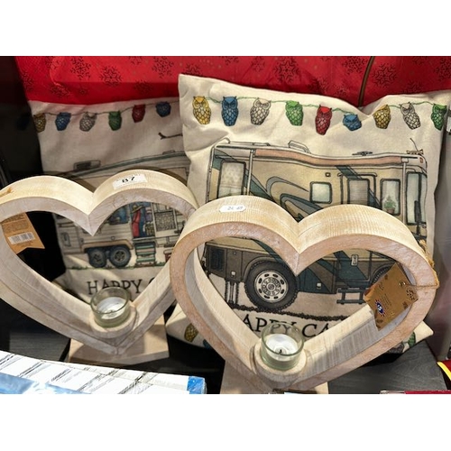 87 - Pr Of Happy Camper Cushions + Pr Of Heart Shaped Tealight Holders