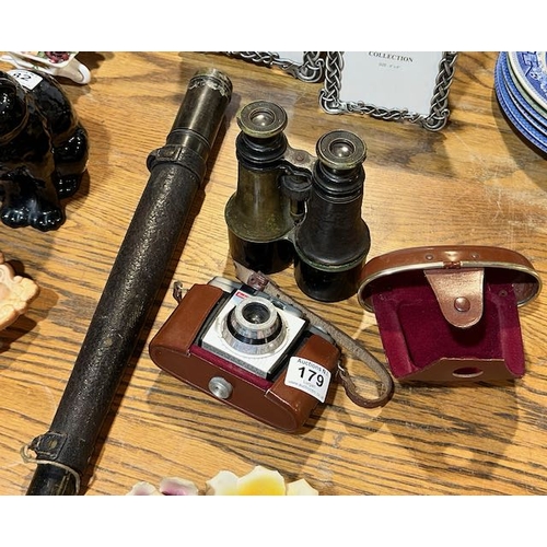 179 - Antique Brass J Sewill Field Binoculars + Vintage Kodak Camera + Leather Bound Telescope Shell (No L... 