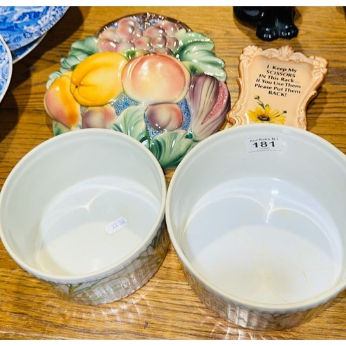 181 - Pair of Pillivuyt Pudding Bowls + Vintage Scissor Wall Holder + Italian Ceramic Wall Vase