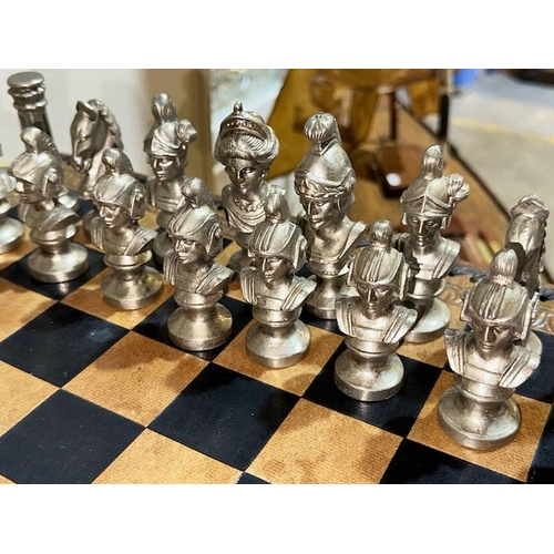 467 - Ornate Chess Set on Leather Board with Storage with Cast Metal Pieces & Draught Pieces