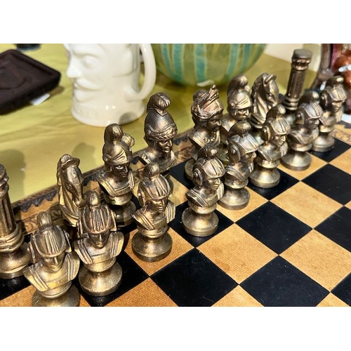 467 - Ornate Chess Set on Leather Board with Storage with Cast Metal Pieces & Draught Pieces