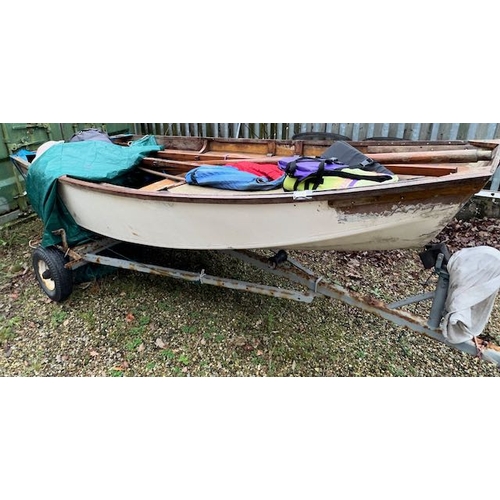 526 - Wooden Sailing Boat with Sails, Oars, Rudder, Puffin Outboard Motor etc - As Found (Trailer Not Incl... 