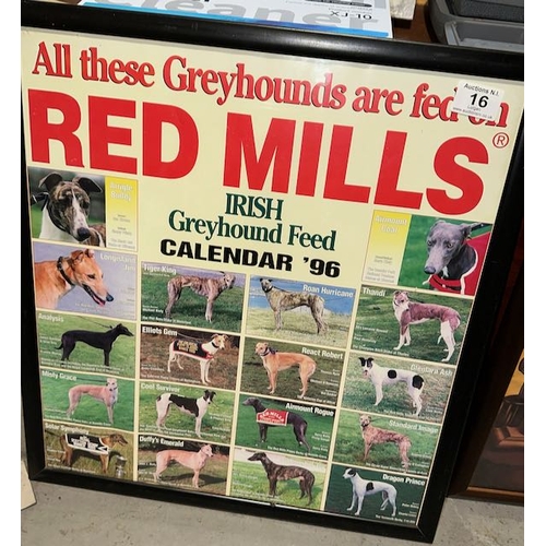 16 - Framed Greyhound Red Mills Advertising Postrer/Calendar