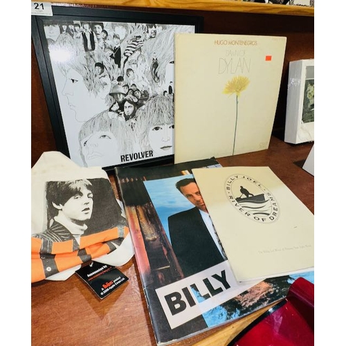 21 - Music Lot To Include : Framed Revolver Metal Plaque , Dawn Of Dylan LP, Billy Joel River Of Dreams T... 