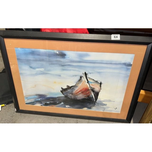 64 - Large Black Framed Ulla Ohlsan Watercolour Print - Sailboat