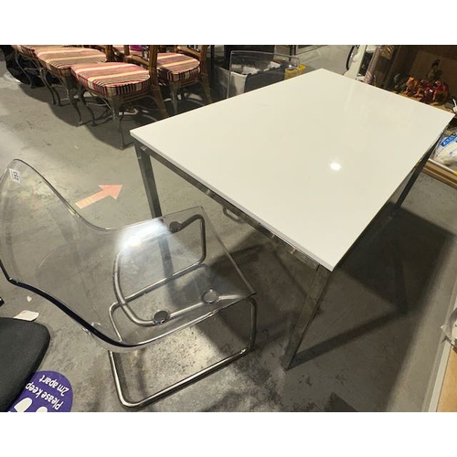 253 - White Gloss Top Table On Chrome Base + 4 x Clear Perspex Chairs