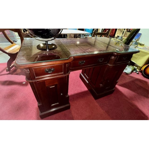 422 - Red Leather Inlaid Desk in the Style of a Partners Desk with Glazed Top