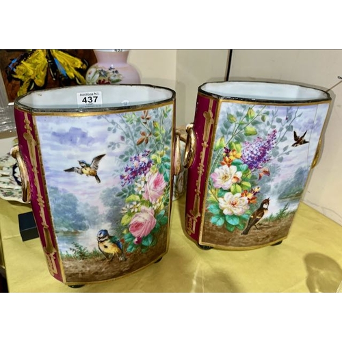 437 - Pair of Large Vintage Porcelain Bird Detailed Vases