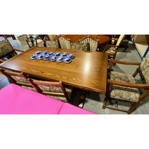 497 - Quality Ornate Oak Old Charm Style Extending Dining Table With 6 Chairs Incl 2 Carvers