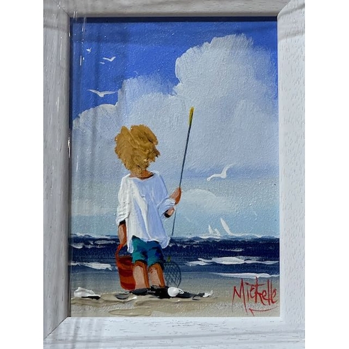 399A - Framed Oil Boy At The Beach By Michelle Carlin - Approx 12