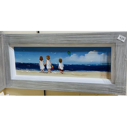 435 - Framed Oil By Michelle Carlin - Siblings At The Beach - Approx 30 x 14