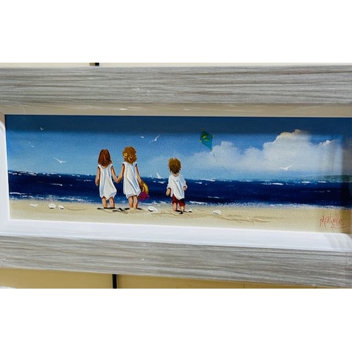 435 - Framed Oil By Michelle Carlin - Siblings At The Beach - Approx 30 x 14