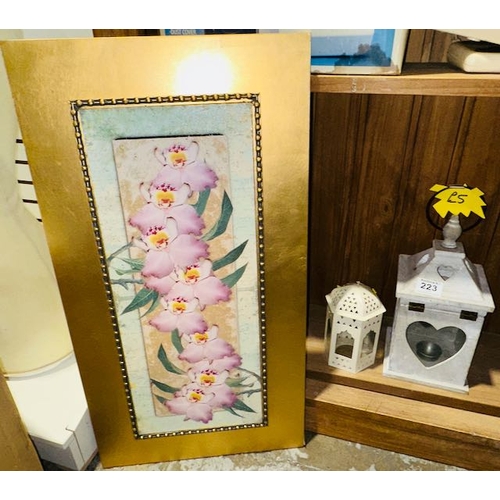 223 - Gilt Framed Orchid Scene On Board + 2 x Decorative Tealight Lanterns