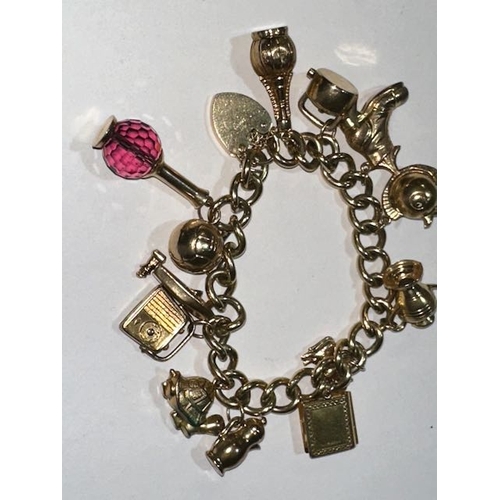 344 - 9ct Heart Clasp Charm Bracelet with 12 Hallmarked Gold Charms