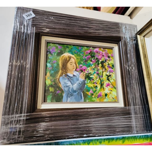 380 - Framed Oil Painting by D Mc Naughton - Girl at Flowers - 21x19