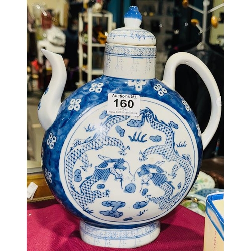 160 - Large Flat Blue & White Asian Teapot