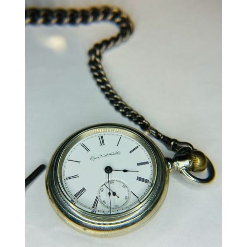 407 - Elgin Pocket Watch on Silver Albert Chain with Key