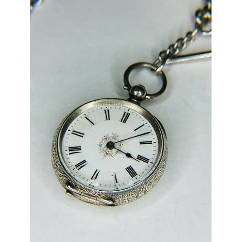 427 - Ornate Silver Pocket Watch on Vintage Silver Albert chain