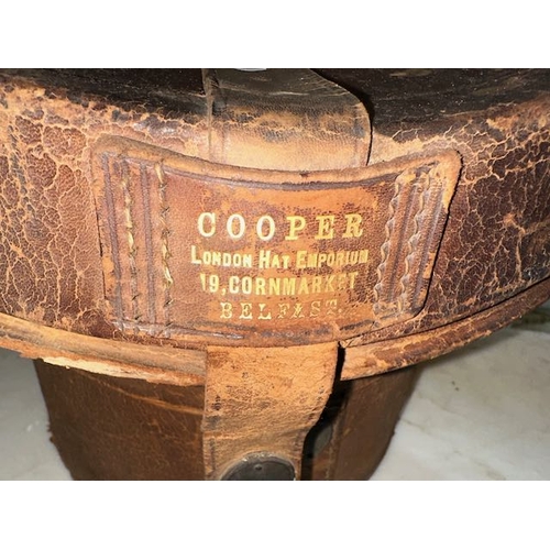 466 - Cooper London Hat Emporium, Cornmarket Belfast Leather Hatbox with Woodrow Donegal Place Belfast Bow... 