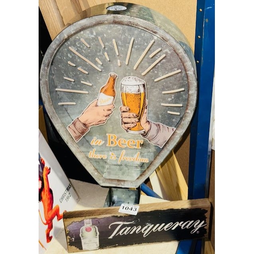 1043 - Wooden Tanqueray Plaque + In Beer There is Freedom Opener/Cap Saver