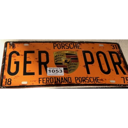 1053 - Sealed Metal Number Plate Sign - Porsche - Approx 1' x 6