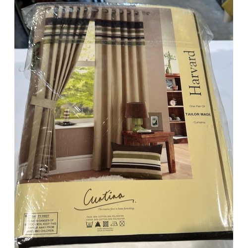 1076 - Curtina Harvard Eyelet Lined Green, Brown & Beige Curtains 90 x 90 - RRP £75