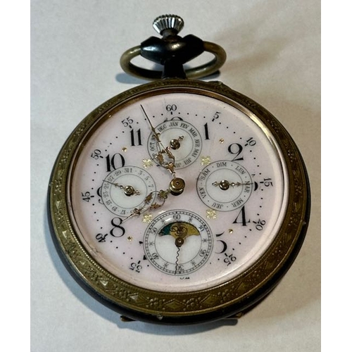 346 - Large Rare Antique Calendar Moonphase Pocket Watch with Beautiful Pink Face & Very Ornate Hands & Ca... 