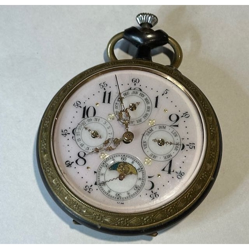 346 - Large Rare Antique Calendar Moonphase Pocket Watch with Beautiful Pink Face & Very Ornate Hands & Ca... 