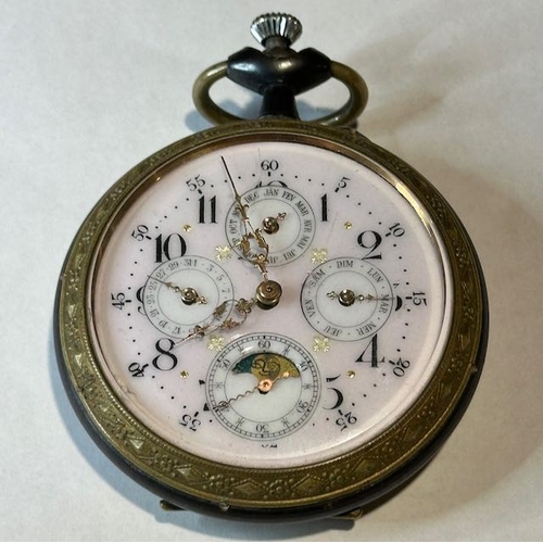 346 - Large Rare Antique Calendar Moonphase Pocket Watch with Beautiful Pink Face & Very Ornate Hands & Ca... 